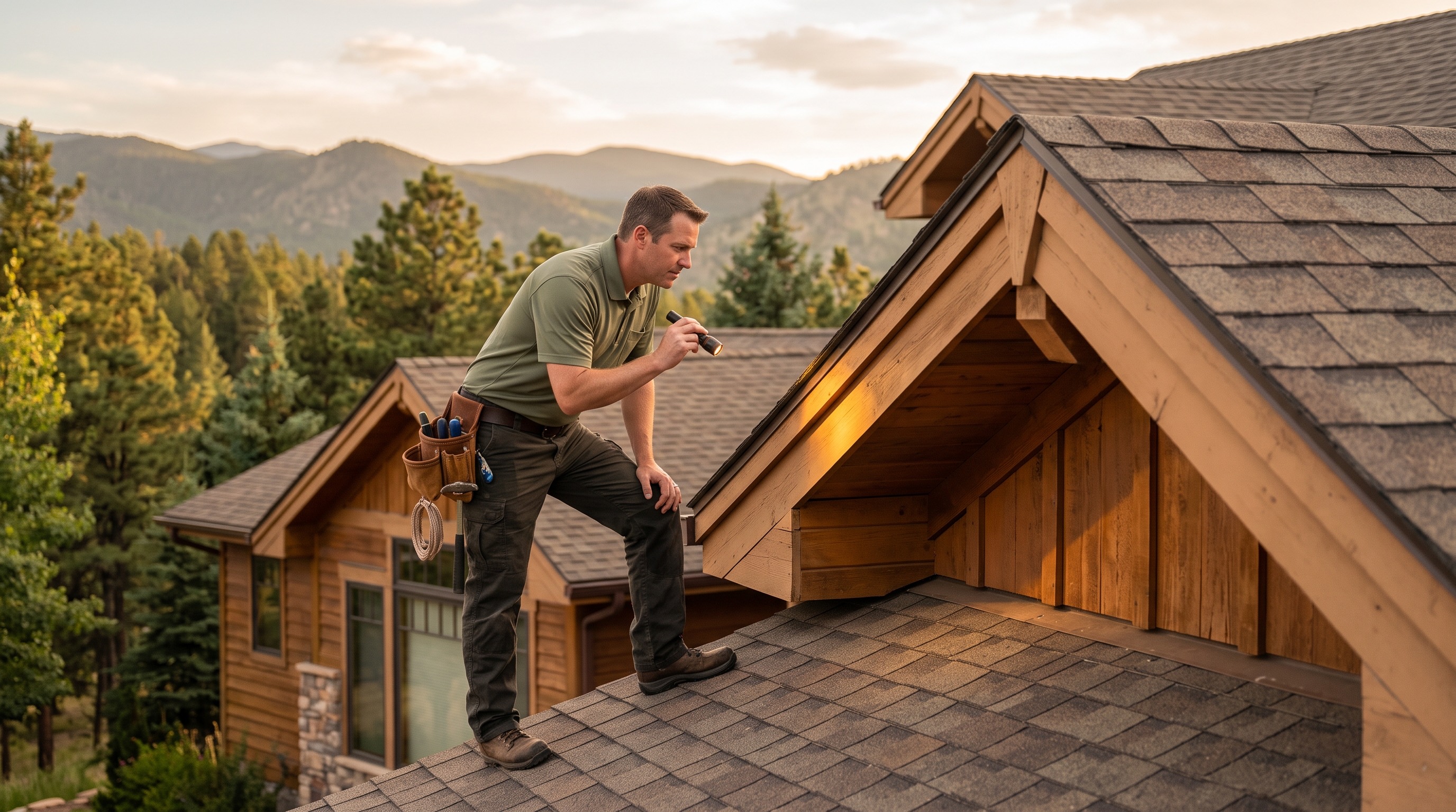 A licensed wildlife technician calmly inspecting a home's roofline at golden hour in Colorado Springs
